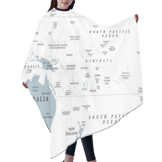 Personality  Oceania, Gray Political Map. Australia And The Pacific, Including New Zealand. Geographic Region, Southeast Of The Asia-Pacific Region, Including Australasia, Melanesia, Micronesia And Polynesia. Hair Cutting Cape