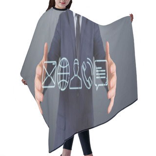 Personality  Businessman On Blurred Background Using Thin Line Contact Icon Hair Cutting Cape