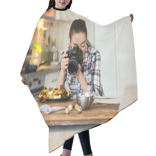 Personality  Young Woman With Professional Camera Taking Still Life Pictures In Kitchen Hair Cutting Cape