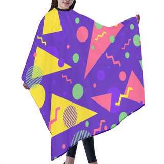 Personality  Memphis Seamless Pattern With Geometric Shapes In 80s Style. Colorful Geometric Shapes On A Violet Background. Design Of Promotional Products, Wrapping Paper And Printing. Vector Illustration Hair Cutting Cape