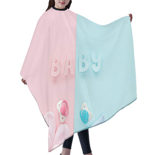 Personality  Top View Of Pacifiers, Gifts, Hat, Booties, Sneakers And Baby Lettering  Hair Cutting Cape