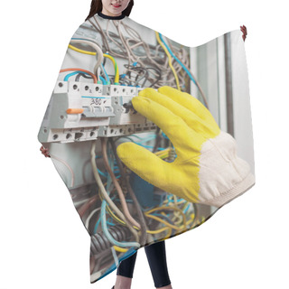 Personality  Cropped View Of Electrician In Glove Including Toggle Switches Of Electric Panel Hair Cutting Cape