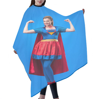 Personality  Smiling Woman In Superhero Costume Showing Muscles Isolated On Blue Hair Cutting Cape