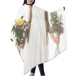 Personality  Cropped View Of Pregnant Hippie Woman In Wreath Holding Flowers Isolated On White Hair Cutting Cape