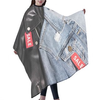 Personality  Close Up Of Denim And Leather Jackets With Sale Tags, Black Friday Concept  Hair Cutting Cape