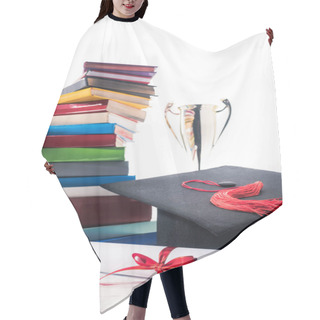 Personality  Graduation Cap And Diploma In Front Of Books And Trophy Cup Hair Cutting Cape