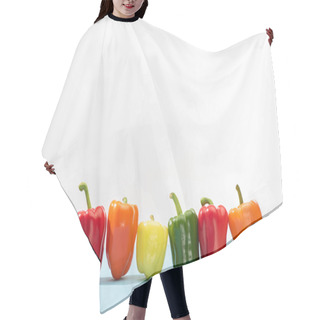 Personality  Fresh Colorful Bell Peppers In Row On Blue Surface On White Background Hair Cutting Cape