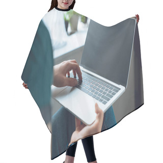 Personality  Cropped Shot Of Young Man Using Laptop With Blank Screen At Home Hair Cutting Cape