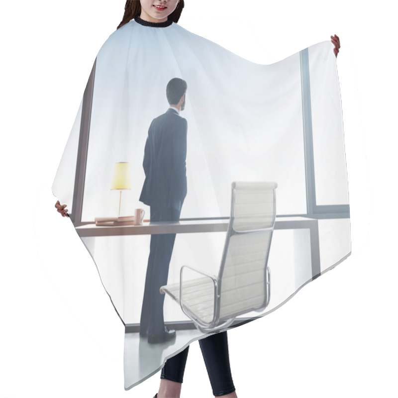 Personality  Businessman Standing In Office Hair Cutting Cape