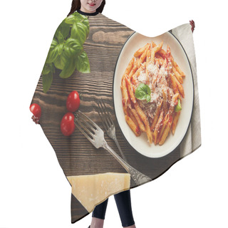 Personality  Top View Of Tasty Bolognese Pasta With Tomato Sauce And Parmesan In White Plate Near Ingredients And Cutlery On Wooden Table Hair Cutting Cape