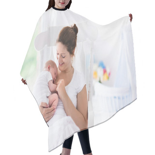 Personality  Mother And Newborn Baby In White Nursery Hair Cutting Cape