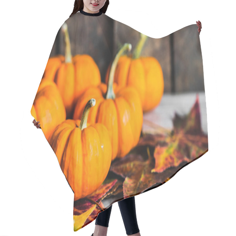 Personality  Colorful Pumpkins And Fall Leaves On Rustic Wooden Background Hair Cutting Cape