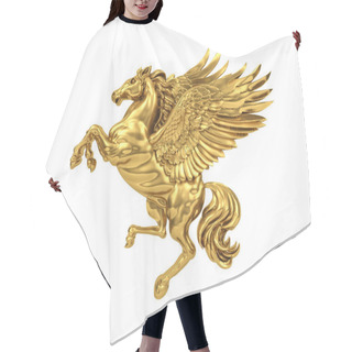 Personality  Golden Flying Horse Pegasus Isolated On White Background (with Clipping Path). 3D Rendering Hair Cutting Cape
