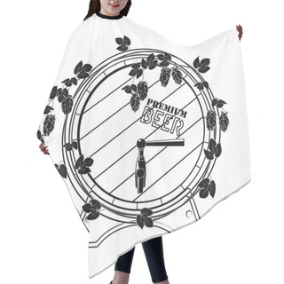 Personality  Barrel Of Beer Entwined With Hops. Vector. Black On White. Hair Cutting Cape