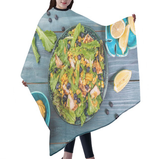 Personality  Fresh Tasty Blueberries Salad With Chicken Fillet, Green Vegetables And Mustard. Healthy Food. Banner, Catering Menu Recipe Place For Text, Top View. Hair Cutting Cape