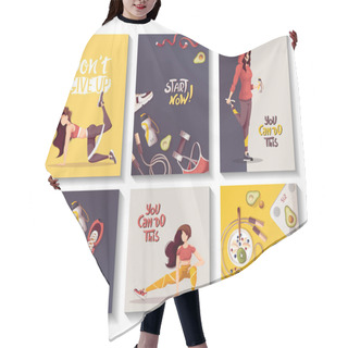 Personality  Set Of Motivational Sport Themed Posters With Cartoon Women, Supplies And Food Hair Cutting Cape