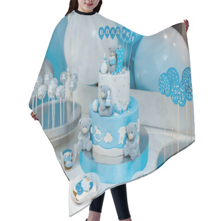 Personality  Baby Birthday Theme With Teddy Bear. Festive Background Decoration With Cake, Letters Saying One And White Blue Balloons In Studio, Candy Bar. Hair Cutting Cape