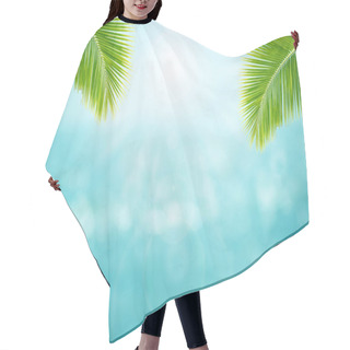 Personality  Summer Vacation And Holiday Trip Concept : Green Leaves Of Coconut Tree With Blurry Image Seascape View And Blue Sky In Background. Hair Cutting Cape