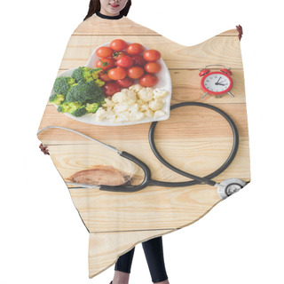 Personality  Top View Of Vegetables On Heart-shape Plate Near Stethoscope And Retro Alarm Clock On Wooden Surface  Hair Cutting Cape