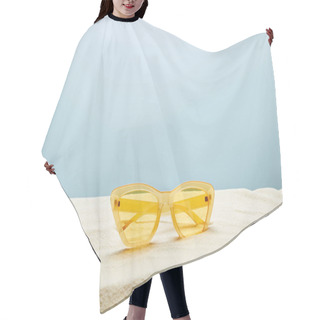 Personality  Yellow Stylish Sunglasses On Sand On Blue Background Hair Cutting Cape