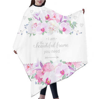 Personality  Wedding Floral Vector Design Horizontal Card. Pink And White Peony, Purple Orchid, Hydrangea, Violet Campanula Flowers Frame Hair Cutting Cape