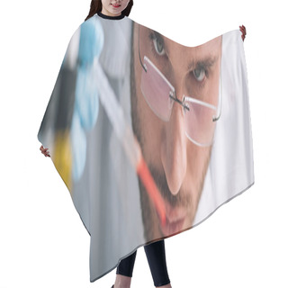 Personality  Panoramic Shot Of Immunologist Holding Pipette With Red Liquid  Hair Cutting Cape