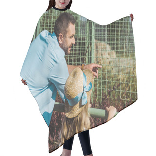 Personality  Handsome Man Pointing With Finger At Cage While Standing With Daughter In Zoo  Hair Cutting Cape