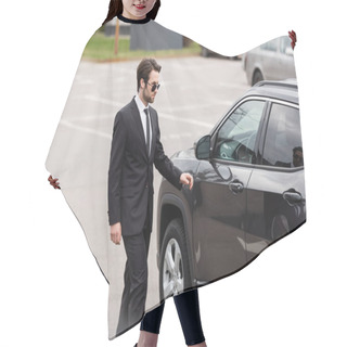 Personality  Bearded Bodyguard In Suit And Sunglasses With Security Earpiece Walking Near Modern Car Hair Cutting Cape