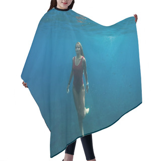Personality  Underwater Photo Of Young Woman In Swimming Suit And Fins Diving In Ocean Alone Hair Cutting Cape
