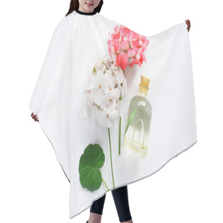 Personality  Delicate Flower Pelargonium, Garden Geranium Or Zonal Geranium Flowers, Cosmetic Aroma Oil On A White Background Hair Cutting Cape