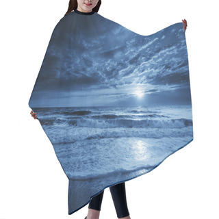 Personality  Midnight Blue Coastal Moonrise With Dramatic Sky And Rolling Waves Hair Cutting Cape