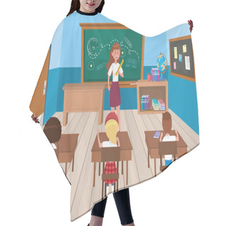 Personality  Woman Teacher With Girls And Boy Students In The Classroom Hair Cutting Cape