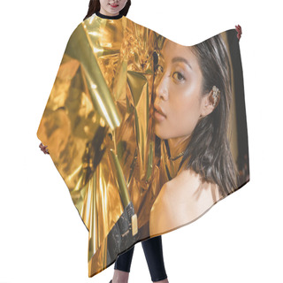 Personality  Portrait Of Alluring Asian Young Woman With Wet Short Hair Posing Next To Shiny Golden Background, Model, Looking At Camera, Wrinkled Yellow Foil, Natural Beauty, Black Glove  Hair Cutting Cape
