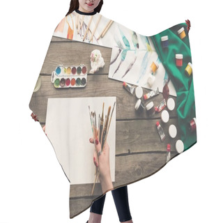 Personality  Painter Holding Brushes And Paper Hair Cutting Cape