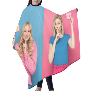 Personality  Positive Blonde Sisters Holding Gift Boxes And Showing Silence Sign On Blue And Pink Background Hair Cutting Cape