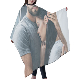 Personality  Cropped Shot Of Bearded Man Hugging And Supporting Young Sad Woman Hair Cutting Cape