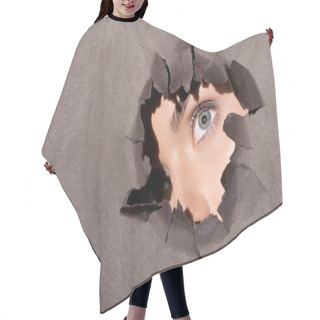 Personality  Woman Peeking Out Of Hole In Paper Hair Cutting Cape