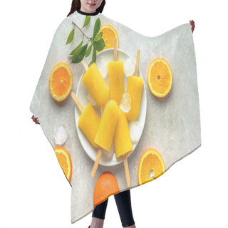 Personality  Homemade Popsicles With Orange Juice, Ice Lollies On Sticks, Top View Flat Lay Hair Cutting Cape