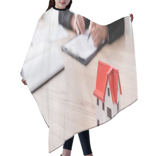 Personality  Selective Focus Of House Model Near Cropped Notary On Blurred Background, Banner Hair Cutting Cape