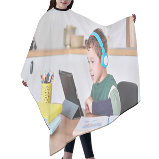 Personality  Smart Boy Student Listen To Online Lesson On Tablet Wear Headphones Spbas. Homeschooled Child Watch. Hair Cutting Cape