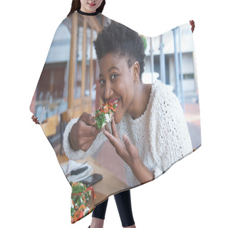 Personality  Young Black Woman Eating Vegetarian Pizza Hair Cutting Cape
