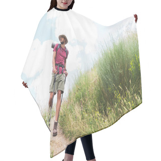 Personality  Hiker In Hat With Backpack And Tourist Mat Walking On Path Hair Cutting Cape