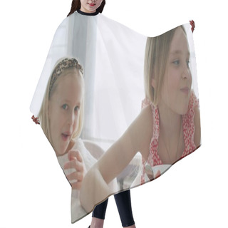 Personality  Two Children Eat Healthy Breakfast Hair Cutting Cape