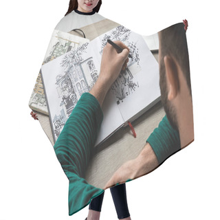 Personality  Back View Of Man Drawing In Album On Wooden Table Next To Laptop Hair Cutting Cape