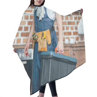 Personality  Cropped Shot Of Home Master With Tool Belt Holding Toolbox Hair Cutting Cape