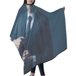Personality  Cropped View Of Gangster Hiding Weapon In Suit On Dark Blue Background Hair Cutting Cape