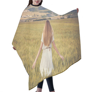 Personality  Healthy Beautiful Woman Walking Outdoors. Alluring Young Woman In Wheat Field, Delicate Sensual Woman On Nature. Perfect Skin, Curly Hair. Hair Cutting Cape
