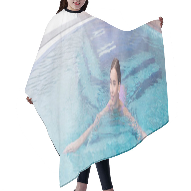Personality  Happy Young Woman Swimming In Hot Spring Pool, Banner Hair Cutting Cape