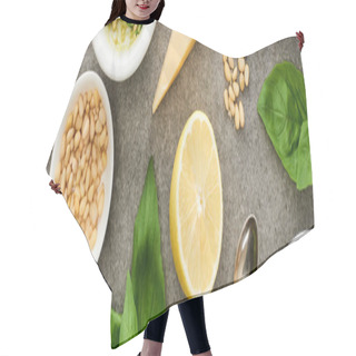 Personality  Top View Of Pesto Sauce Raw Ingredients And Cooking Utensils On Grey Surface, Panoramic Shot Hair Cutting Cape