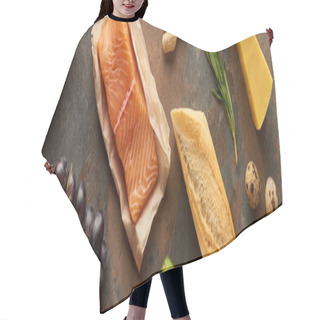 Personality  Panoramic Shot Of Raw Salmon With Eggs, Cheese, Grape, Baguette And Rosemary Twig On Marble Surface Hair Cutting Cape